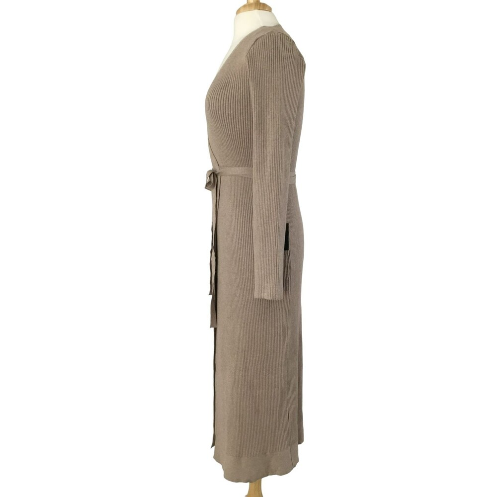 Lulus Iconic Comfort Sweater Dress Womens Medium Taupe Ribbed Surplice Wrap NEW - Picture 6 of 13